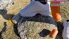 Girl Plays With Sweaty Fila Sneakers And Wet Nylons