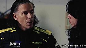 Japanese babe gives blowjob and gets banged in warehouse