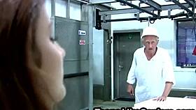 A sexy teen gets lazy at work and takes care of her old boss's cock