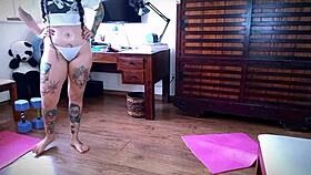 my curly haired brunette's big ass sweats a lot when training