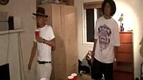 College teen at a party fucks dick in reverse cowgirl while others watch