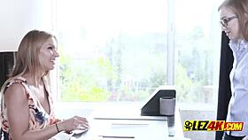 Nerdy Chick Is Coerced Into Blowing And Fingering Her New Boss In Hardcore Lesbian Action