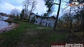 german milf with glasses has public sex in forest.