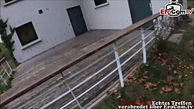 german milf with glasses has public sex in forest.