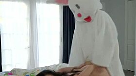 Bad boy bunny in Halloween costume, cumshot fun