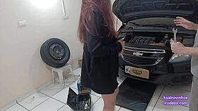 Horny boss with desire provokes mechanic alone in the workshop