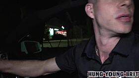 On a friday night, he enjoys bareback sex in the car with another guy outdoors.