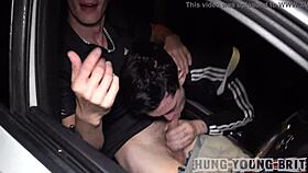 On a friday night, he enjoys bareback sex in the car with another guy outdoors.