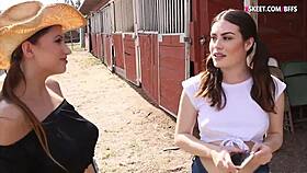 Two country girls team up with a city babe for hot lesbian action outdoors