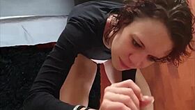 Whore Grips My Cock for Handjob, Licks Until I Cum on Her Hair. Total Mess!