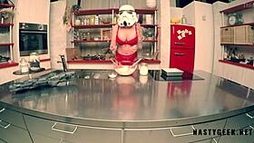 Stormtrooper tries cooking but squirts on the kitchen.