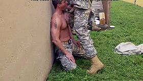 MILF gay threesome military men out in the open