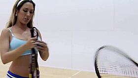 Cocksucking babe gets footworshiped after tennis with big tits and ass 😏