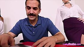 lucky client gets perfect big tit interracial foursome with secretaries.