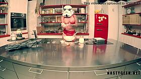 Stormtrooper tries cooking but squirts on the kitchen.
