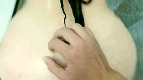 Latina milf bends over in bathroom, making him explode fast with doggystyle action.