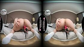 Solo blonde cock teaser Kira masturbates in VR with toys and shaved pussy