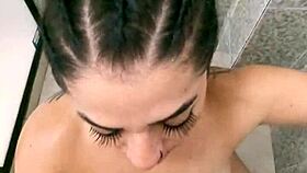 Latina milf bends over in bathroom, making him explode fast with doggystyle action.