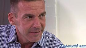 Glam babe rides cock while sucking in group