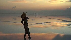 Mature amateurs dance under pink sky