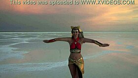 Mature amateurs dance under pink sky