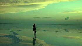 Mature amateurs dance under pink sky