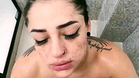 Latina milf bends over in bathroom, making him explode fast with doggystyle action.