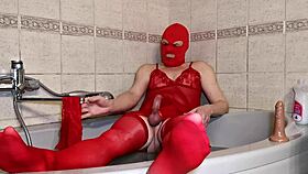 Depraved santa in lingerie relaxes with a handjob after christmas.