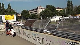 Huge tits babe screws in public view