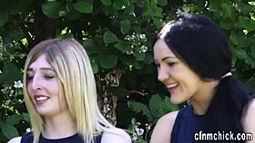 British babes participate in an outdoor CFNM session