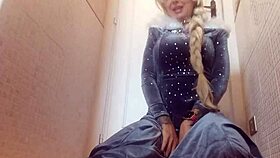 Blonde in Elsa's cosplay bent over for doggystyle pussy fucking
