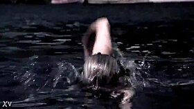 Blonde girl in bikini swims in supernatural setting