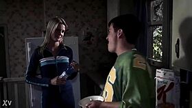 Blonde girl in bikini swims in supernatural setting