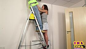 CFNM amateur femdom teen 18+ sucks repairman cock on a ladder.