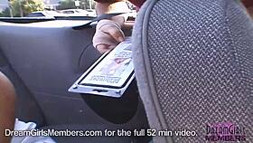 Tanned hot blonde frolics naked flashing natural tits in backseat close up