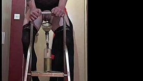 bisexual sissy in heels savors his own piss from a ladder