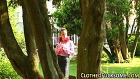 European woman in heels gets intense blowjob and fucked in outdoor threesome with cumshot