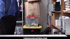 Bella Rolland, the big tits teen shoplifter, orgasms while fucking the guard Tommy Gunn.