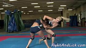 European busty lesbians in intense wrestling match