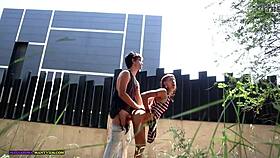 Searching for a secret spot to fuck hard outside with cum in mouth