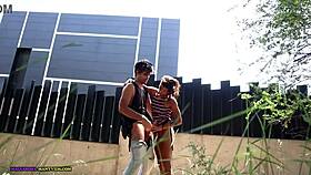 Searching for a secret spot to fuck hard outside with cum in mouth