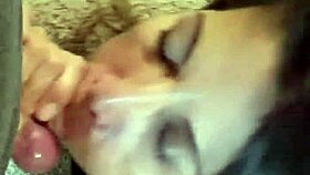 Damn, amateur Latina milf on knees for intense blowjob! She swallows every drop!