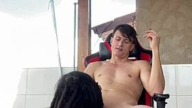 Balcony Review Turns Into Blowjob! Tattooed Teen Babe Drinks All Cum On Red!