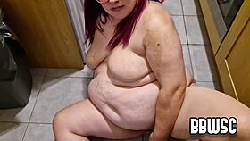 Bbw rides sex toy in public kitchen while being watched