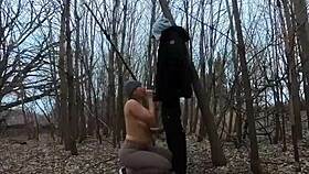 topless thick girl sucks cock in the park with her big tits out