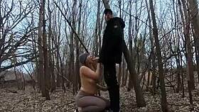 topless thick girl sucks cock in the park with her big tits out