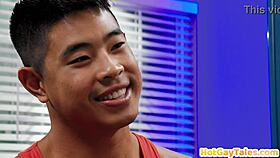 In the locker room, the asian bottom gets barebacked by the white stud.