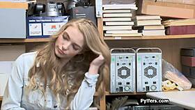 Teen 18+ blonde does shy footjob followed by deep pussy fuck in office