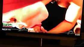 Tattooed redhead masturbates intensely while watching pornstar cumshot