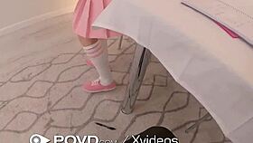 pov flirtatious student receives blowjob and doggystyle with monster cock